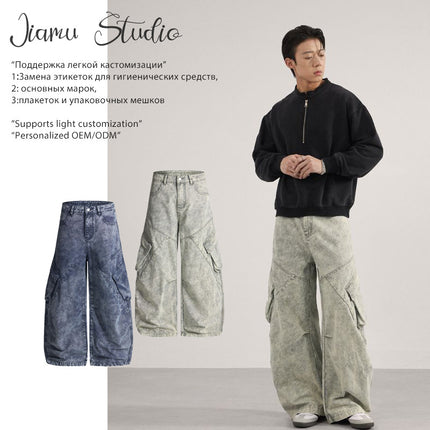 Jiamu Multi-Pocket Pleated American Baggy Silhouette Scimitar Casual Pants for Men and Women Loose Wide-Leg Unisex Cargo Pants
