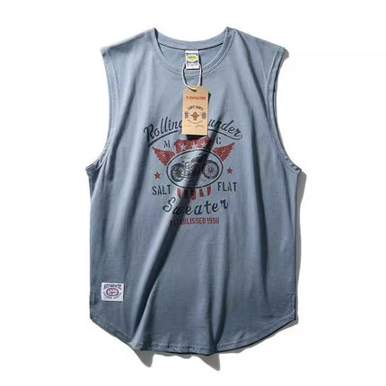 Ami Khaji Technology Printed Round Neck Sports Leisure Wash Cotton Couples Vintage Garden Swing Side Split Vest
