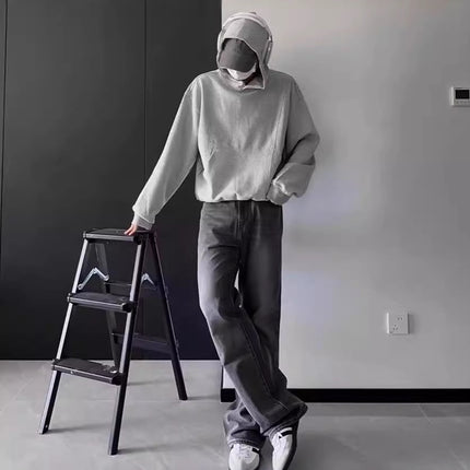 American Retro Splicing Deconstructed Cleanfit Gray Hooded Sweatshirt Simple High-End Silhouette Short Hoodie for Men