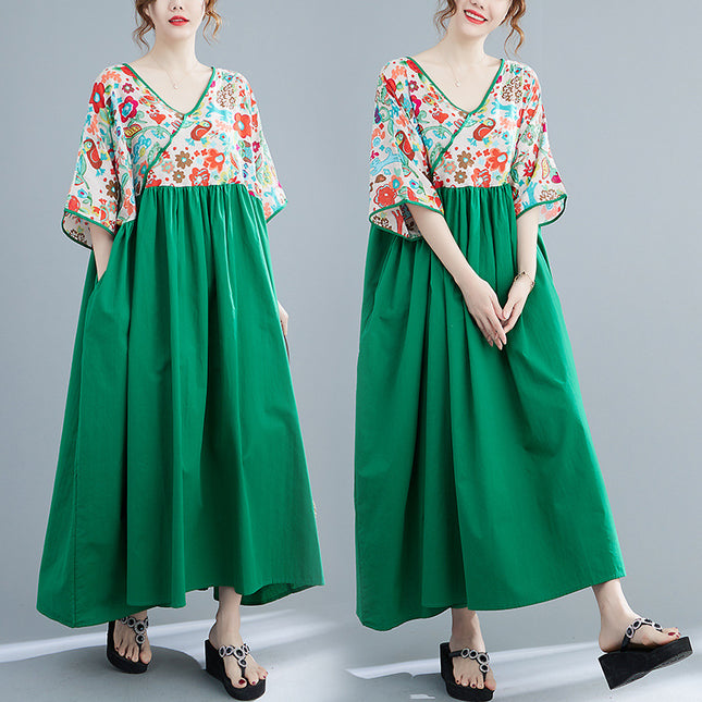 Plus-Size Patchwork Long Dress with Vintage V-Neck, Large Size, 2023 Summer New Style, Loose Fit, Tummy-Covering, Knee-Length Dress with Color Blocking