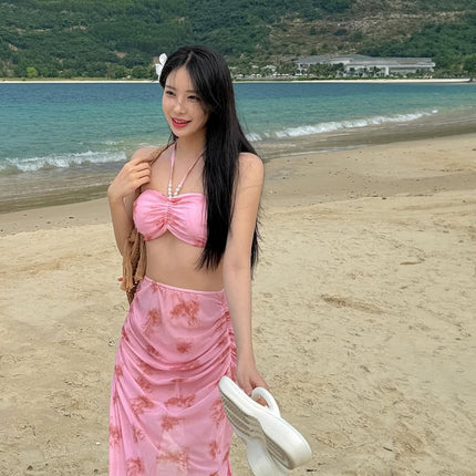 New Style Color Smudged Bikini Three-Piece Conservative Long Skirt Sexy Slimming Belly-Covering Hot Spring Split Swimsuit for Women
