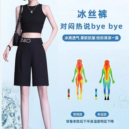 Casual Suit Shorts for Women, Autumn Thin Straight-Leg Knee-Length Shorts, 2025 New Large Size High-Waisted Wide-Leg Casual Mid-Length Shorts