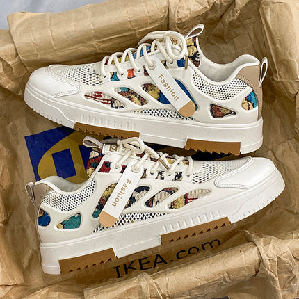 Men's Summer Mesh Breathable Versatile Casual Niche Canvas Sneakers Student Sports Height-Increasing White Trendy Shoes
