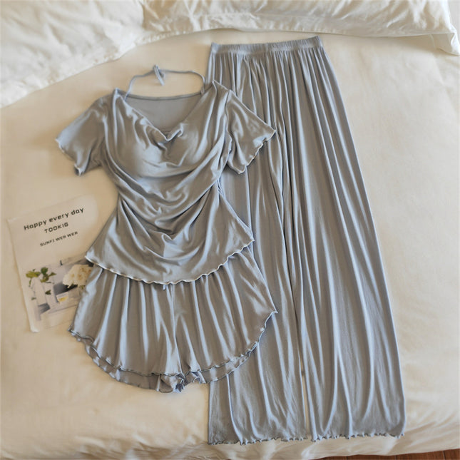 Girls' Pajamas Modal Cotton Short-Sleeved Shorts Summer Lace Women's Three-Piece Casual Home Wear Set with Breast Pads