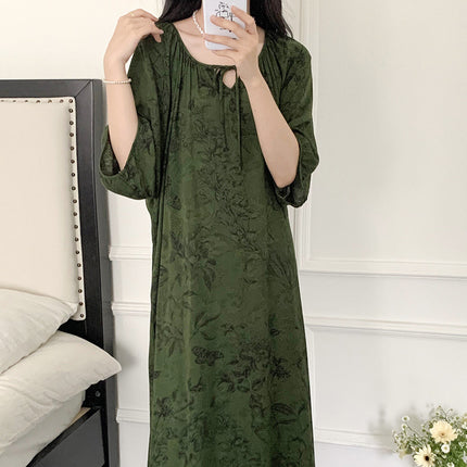 Mishiti Cotton Silk New Chinese Style Short-Sleeved Nightgown for Women, Summer Thin Style, National Style Cotton Silk Home Wear, Can Be Worn Outside