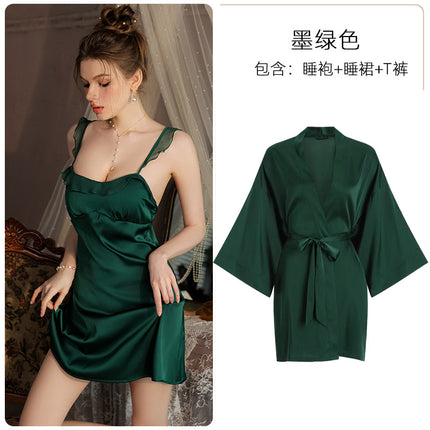 Meishilan Sexy Pajamas for Women Ice Silk Women's Spring & Fall Suspender Pajamas with Breast Pads Nightgown 260 Suit with Bath