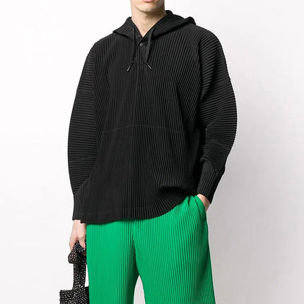Japan Miyake Classic Pleated Jk110 Hooded Sweatshirt Loose Casual Simple Drawstring Pullover Hoodie for Men