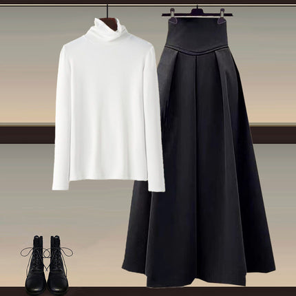 Winter suit women's 2024 new plus size design wool collar hooded cotton-padded jacket coat sweater skirt three-piece set
