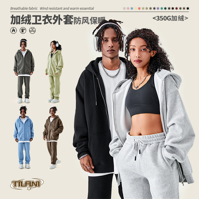 Tilani Cross-Border Men's Sweatshirt Velvet Jacket European and American 350g Autumn and Winter Zipper Hoodie Thick Pure Color Sweatshirt