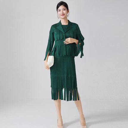 Women's Elegant Fashion Suit Women's High-End Tassel Sleeveless Dress Cardigan Shawl Jacket Miyake Two-Piece Spring Set