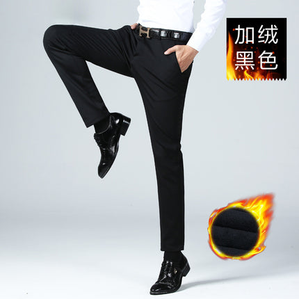 New Men's Business Casual Pants Slim-fit Western Pants Men's Spring, Autumn and Winter All-match Straight Stretch Pants fleece-lined Thickened