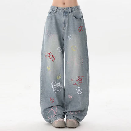 Embroidered Retro Wide-Leg Straight Fun Cartoon American Style 2025 New Jeans Pants Summer Loose Floor-Length Pants