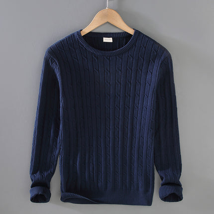Men's Autumn and Winter Thick Knit Sweater, Pure Cotton Solid Color Knit Sweater, Cable Knit, Slim Fit, Trendy Round Neck, Lazy Style