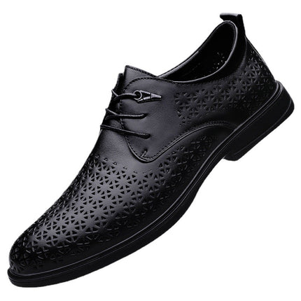 Summer men's first layer cowhide hollow leather shoes breathable round head new office casual men's holed thick-soled leather shoes
