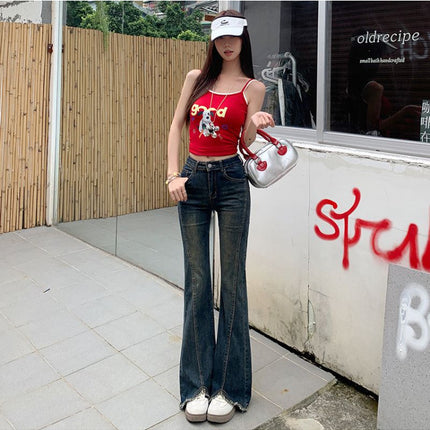Women's Flared Jeans 2025 Summer New High-Waisted Slim Fit Bootcut Raw Hem Pants