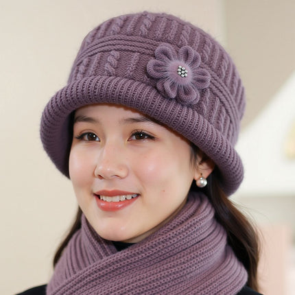 Middle-aged and elderly autumn and winter mother's hat scarf set fleece-lined thickened warm wool knitted hat women's basin hat winter