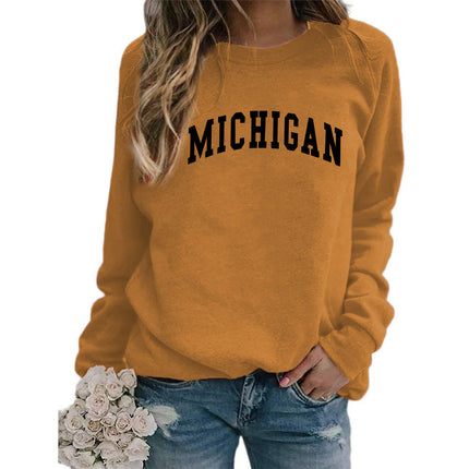 Cross-border supply of European and American foreign trade MICHIGAN printed crew neck sweater top women's coat autumn and winter European size