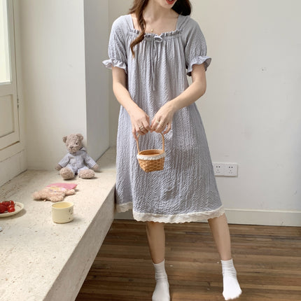 2024 Summer New Style Pajamas with Chest Pad Women's Bubble Cotton Short-Sleeved Nightgown Home Wear Sweet and Cute Outer Wear