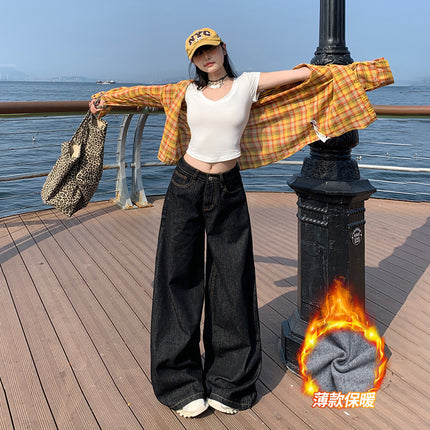 American-Style Wide-Leg Jeans for Women, 2025 Autumn and Winter New Style, Fleece-Lined, Straight-Leg, Loose, High-Waisted, Slimming, Thin Fleece, Floor-Length Pants