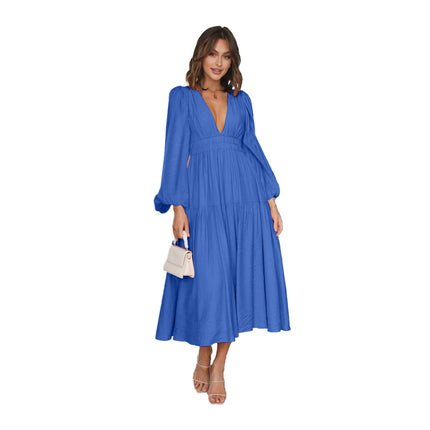 European and American Export 25-Year-Old Autumn and Winter V-Neck Waist Slimming Look Pleated Long-Sleeved Small Fresh Dress for Women 23051