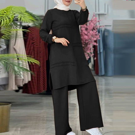 2024 Women's Two-Piece Sportswear Set: Elegant Solid Color Long-Sleeve Shirt and Wide-Leg Pants Set