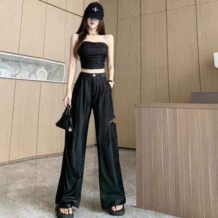 Hong Kong style thin Denim suit women's summer new fashion tube top + high waist wide leg ripped mop pants