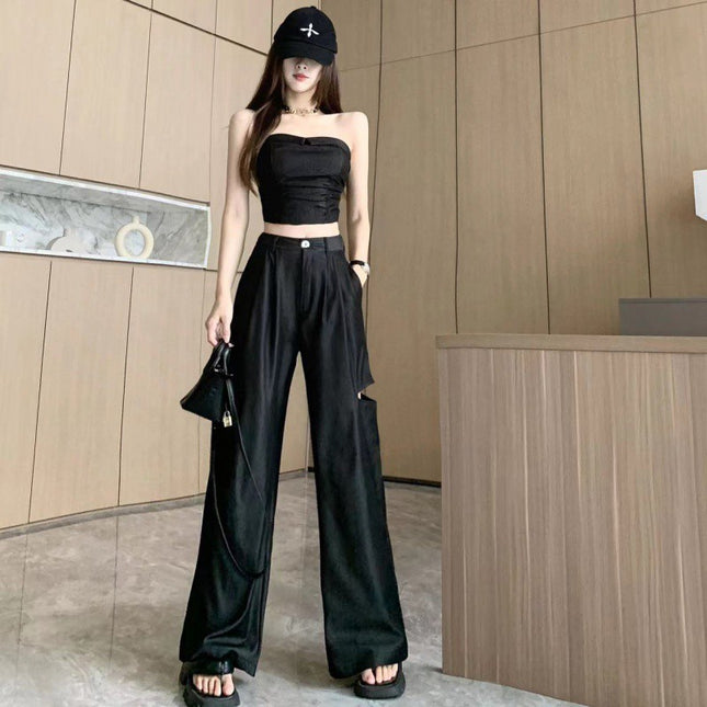 Hong Kong style thin Denim suit women's summer new fashion tube top + high waist wide leg ripped mop pants