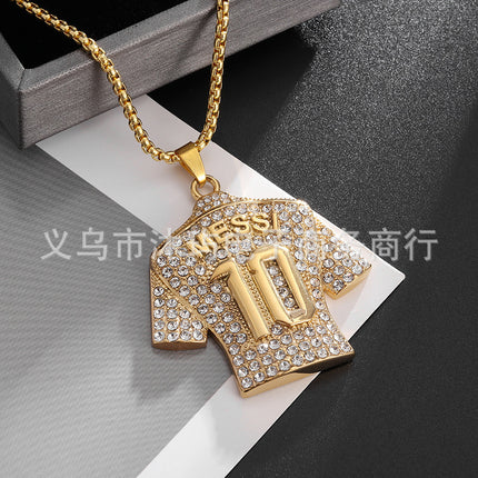 Temu Hip-Hop Titanium Steel Gold-Plated Diamond-Studded Football Superstar Jersey Number 7/10 Pendant Necklace with Row of Diamonds