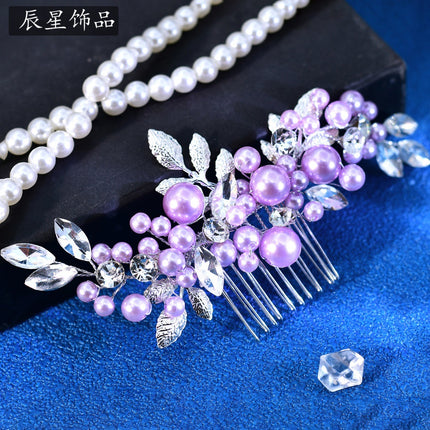 Chenxing French Romantic Bridal Hair Accessory Exquisite Hair Comb with Sparkling Diamonds and Pearls Purple Hair Ornament Fairy-Like Wedding Accessory Cx596