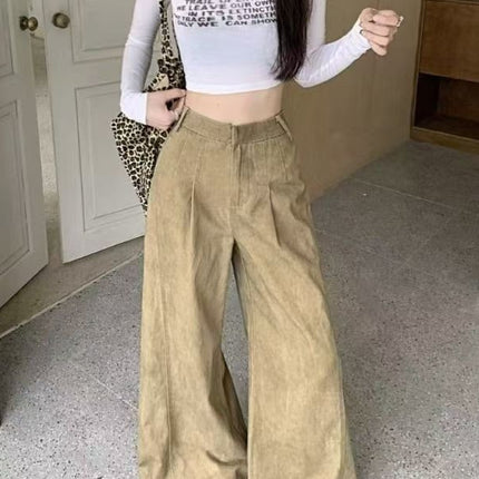 Petite Design American-Style Dark Khaki Retro High-Waisted Women's Wide-Leg Loose Slimming Straight-Leg Floor-Length Jeans
