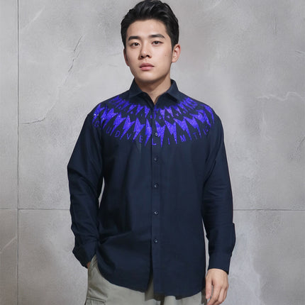 Heavy industry hot drilling front and rear lightning long-sleeved shirt shirt fat guy single wear outer wear personality niche plus size