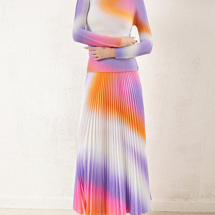 Miyake Style Women's Fashion Two-Piece Set, European Hot-Selling Gradient Age-Reducing Stylish Long-Sleeve Top and Skirt Set