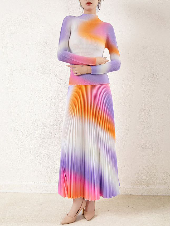 Miyake Style Women's Fashion Two-Piece Set, European Hot-Selling Gradient Age-Reducing Stylish Long-Sleeve Top and Skirt Set
