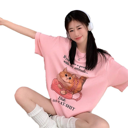 2025 Summer Commuting Letter Cat Creative Printed Loose Short Sleeve T-Shirt Loose Casual Top Small Fresh