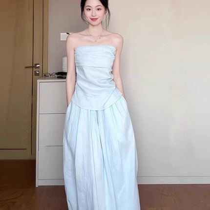 2025 Spring and Summer New Korean suit Shirt Strapless Top Skirt light blue