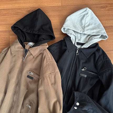 American Style Retro Fake Two-piece Design Sense Hooded Jacket Men's Spring New Fashion Brand cleanfit Short Jacket Top