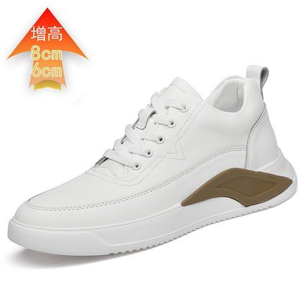 2022 New Height-increasing Shoes Men's Two-layer Leather Casual Sports Board Shoes Autumn Invisible Height-increasing Men's Shoes White