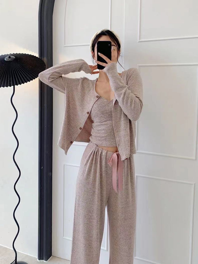 Autumn and Winter Brushed Cotton Women's Camisole Pajama Set with Chest Pads, Three-Piece Cardigan Set, Can Be Worn Outside, Ins-Style Loungewear Set