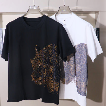 26 New Rhinestone Letter Leopard Head Personalized Cool Street Style Loose Unisex Short-Sleeve T-Shirt Plus Size Stylish