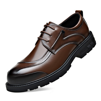 Men's Casual Leather Shoes Popular Lace-Up Round Toe Thick Sole Big Head Brown Fashion British Versatile Business Formal Men's Shoes