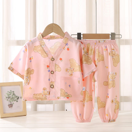 Children's Home Clothes Cotton Silk Suit Summer Boys and Girls Pajamas Artificial Cotton Two-Piece Set Cotton Silk Air-Conditioned Clothes Kidsren's Clothing