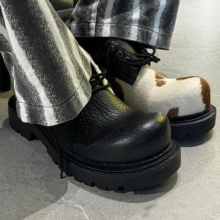 Horse hair derby shoes men and women with milk mandarin duck small leather shoes lace-up thick heel thick-soled soft leather shoes casual shoes tide