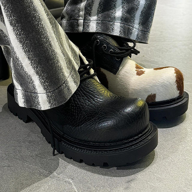 Horse hair derby shoes men and women with milk mandarin duck small leather shoes lace-up thick heel thick-soled soft leather shoes casual shoes tide