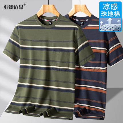 Dad T-shirt short sleeve summer pocket round neck yarn-dyed striped middle-aged men's top middle-aged and elderly plus size men's clothing