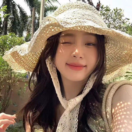 Straw Hat Seaside Large Brim Sun Hat Women's Summer Breathable Face-Covering Sun Hat Lace Beach Hat Sun Protection Hat