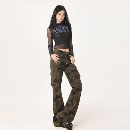 raccoon dog house# high street washed old multi-pocket camouflage Denim overalls for men and women with the same style tide brand loose straight pants