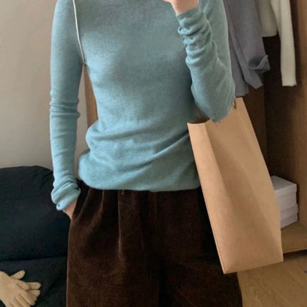 Highly Recommended Green Pullover Knit Sweater for Women in Autumn, Color-Blocking Slim-Fit Sweater for Layering and Commuting