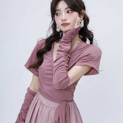 Sweet Bean Paste Color Ballet Girl Simple Sleeves Detachable Suspender Blouse to Cover the Flesh Hot Spring Seaside Swimsuit for Women