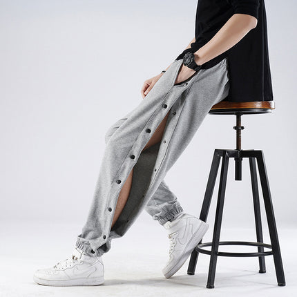 Buckle-breasted sports pants men's full-open button button loose toe autumn and winter fleece-lined pants side-open training basketball long pants