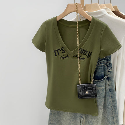 Affordable Women's Age-Reducing Letter Printed Short-Sleeved T-Shirt for Women 2025 New Style Fashionable Right Shoulder Single Top